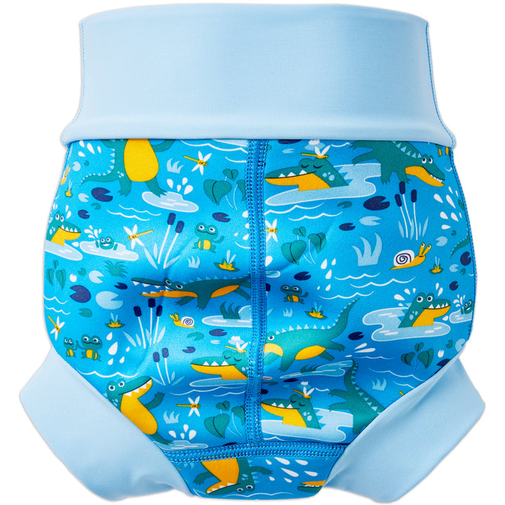 Blue baby swim diaper in crocodile print back