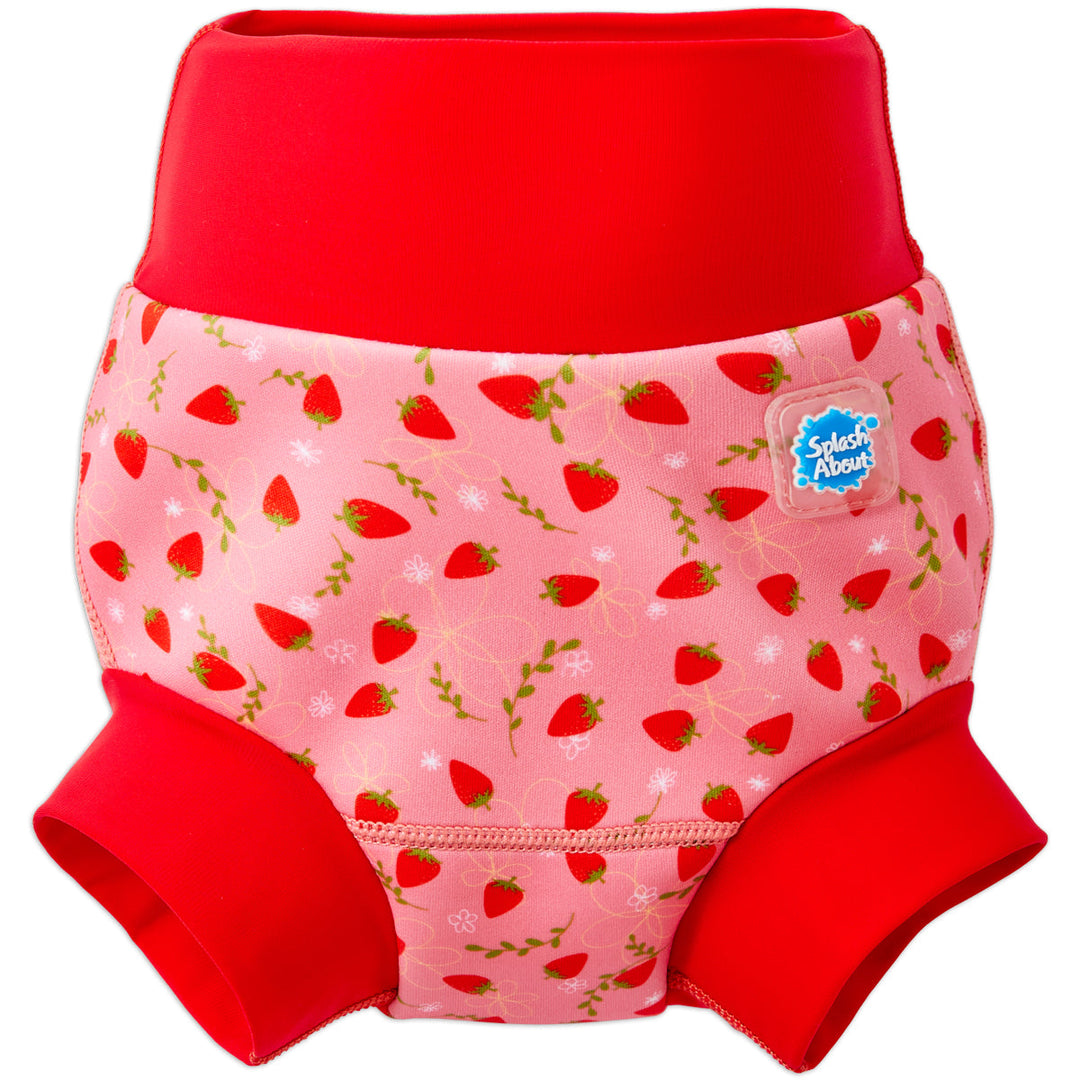 Red and pink swim diaper in strawberries print