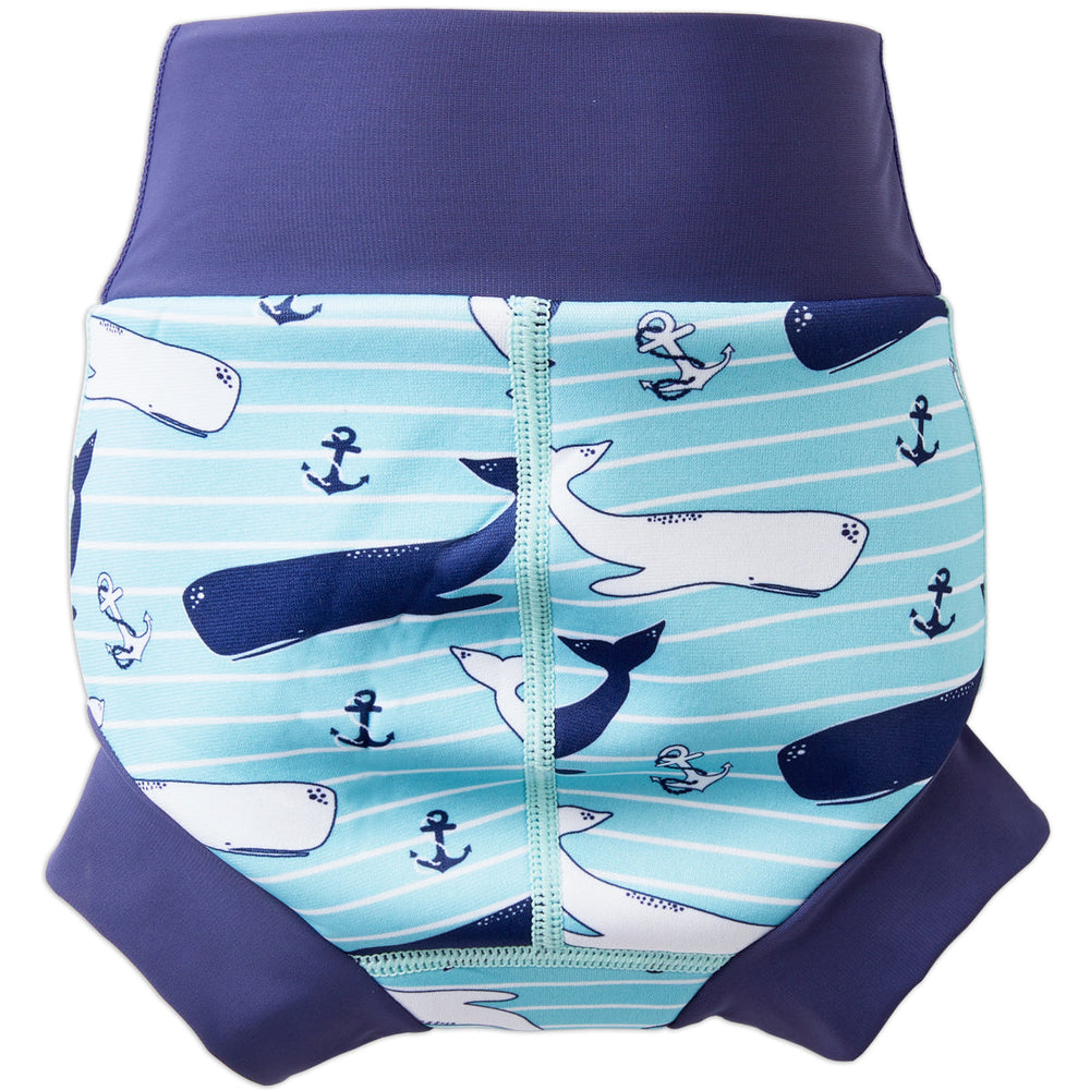Baby swim nappy in blue vintage whale print back