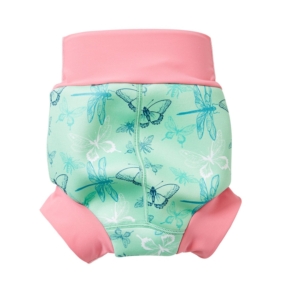 Baby swim nappy in pink and green dragonfly print back