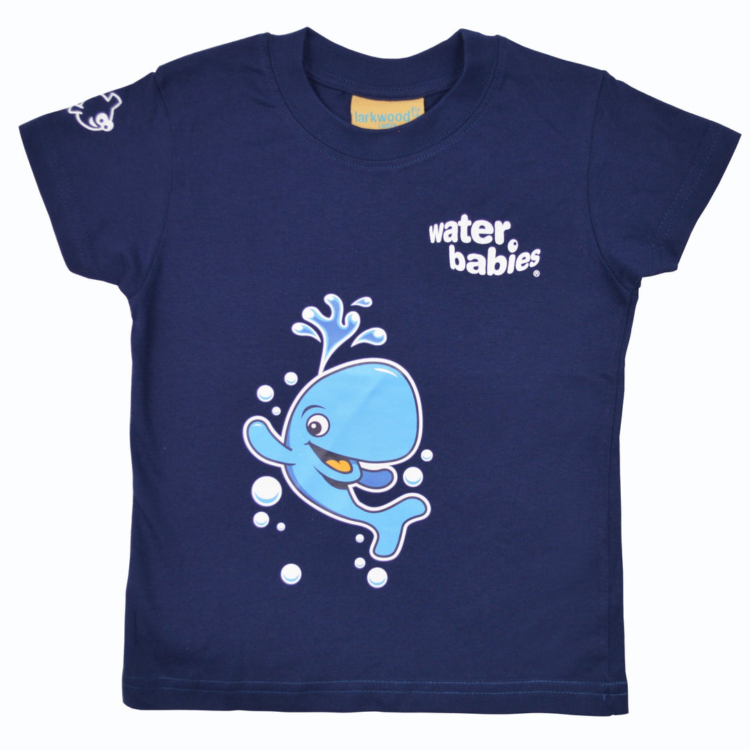 Blue toddler t shirt with Bubba the Whale and water babies logo