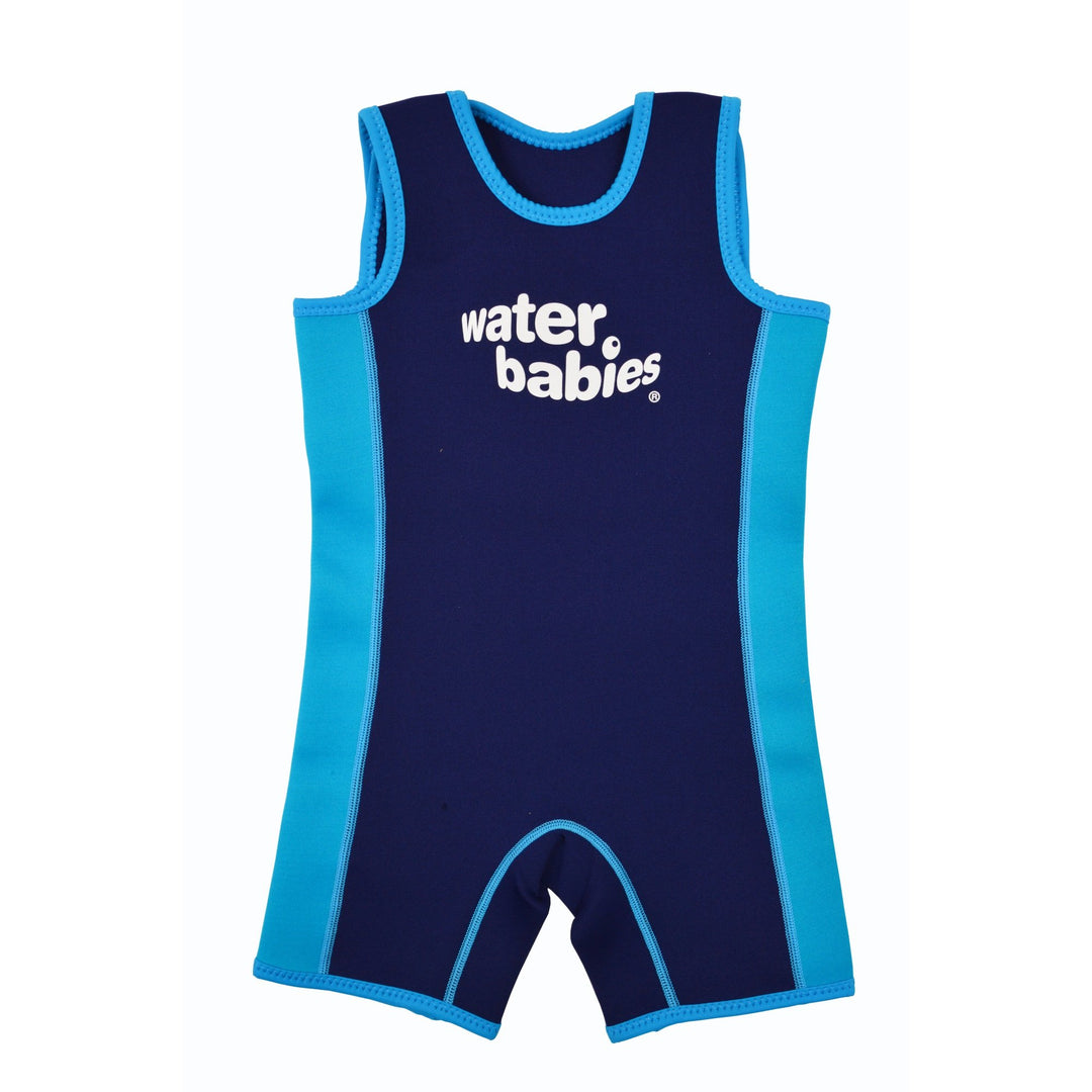 Sleeveless toddler wetsuit in navy and blue with water babies logo