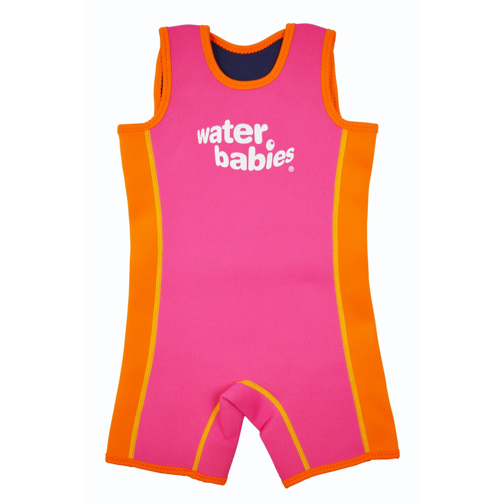 Sleeveless toddler wetsuit in pink and orange with water babies logo